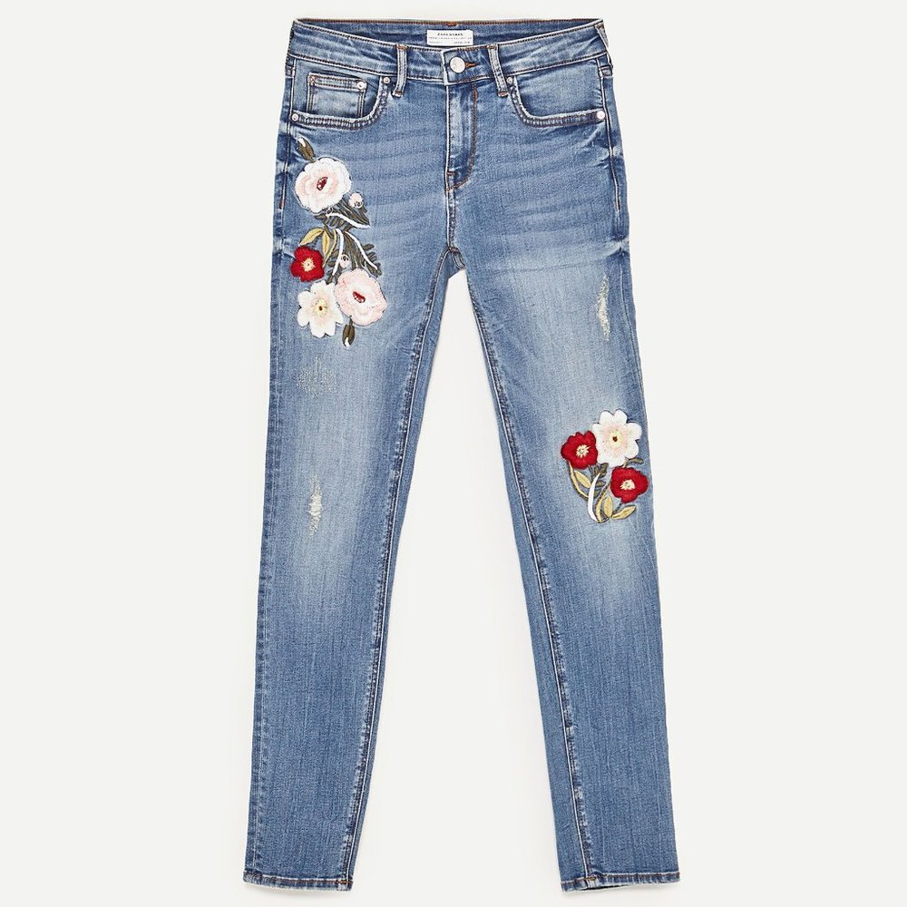 ZARA flower embroidered skinny Jeans